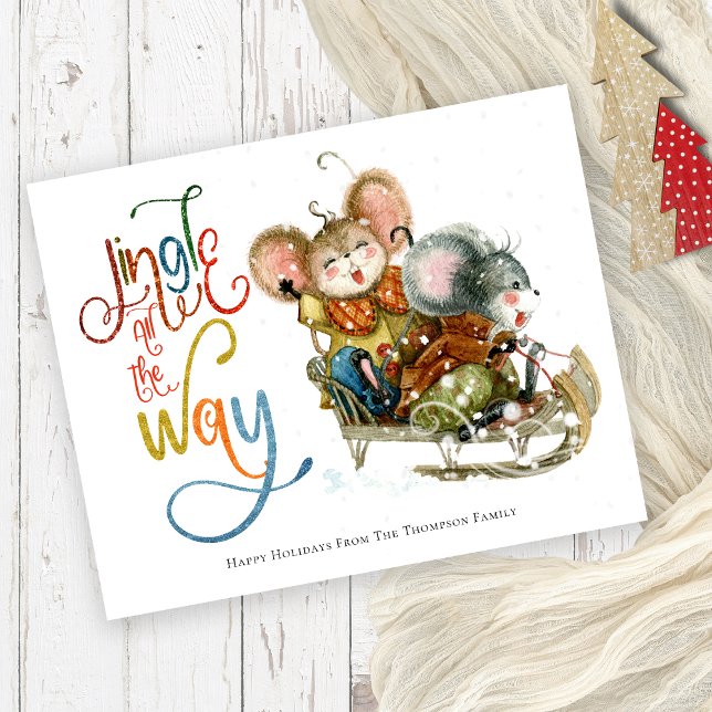 Budget Cute Mice Sleigh Jingle All The Way Glitter (Budget price smaller 4.5 x 5.6" semi gloss cute mice christmas card)