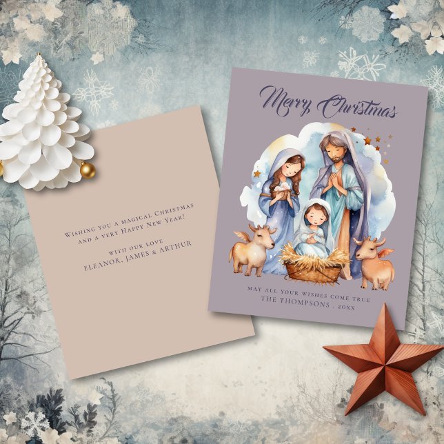 Budget Cute Nativity Merry Christmas Card (Front and Back views)