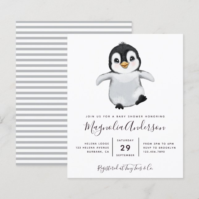 Budget Cute Penguin Baby Shower Invitation (Front/Back)