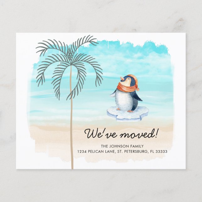 Budget Cute Penguin Florida Beach New Address Card (Front)