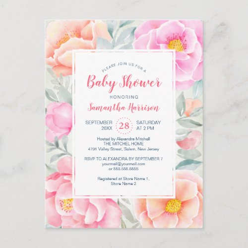 Budget Cute Peonies Roses Pink Floral Baby Shower Invitation Postcard