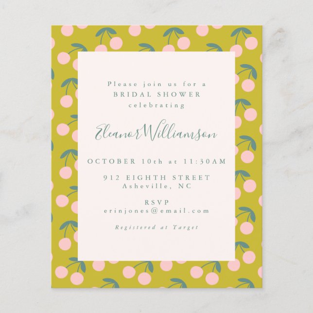 Budget Cute Pink Green Cherry Fruit Bridal Shower (Front)