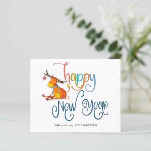 Budget Cute Reindeer Glitter Happy New Year Card