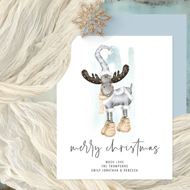 Budget Cute Reindeer Script Merry Christmas Card (Front and Back View)
