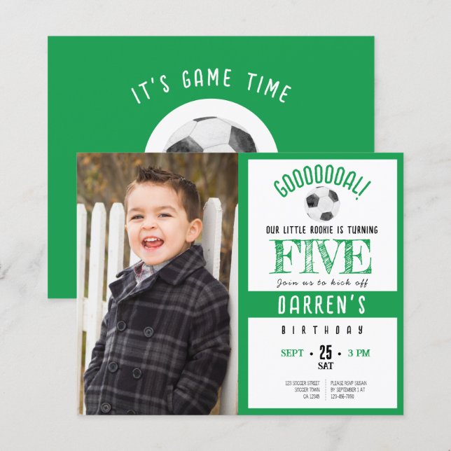 Budget Cute Soccer Photo Green Birthday Invitation (Front/Back)