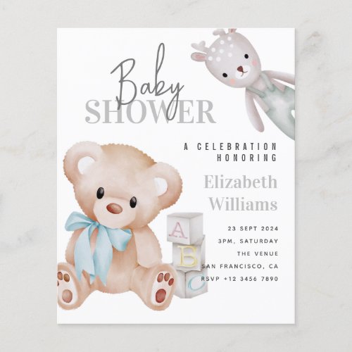 BUDGET Cute Teddy Bear Baby Shower Invitation