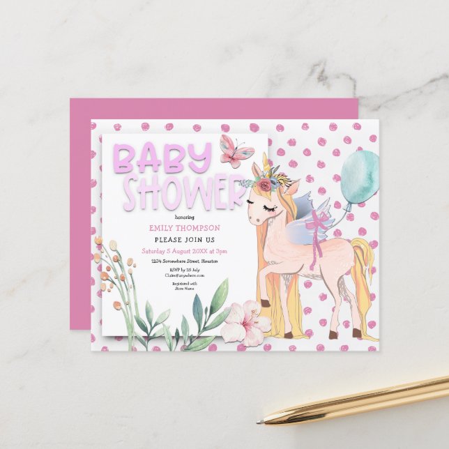 Budget Cute Unicorn Pink Baby Shower Invitation (Front/Back In Situ)