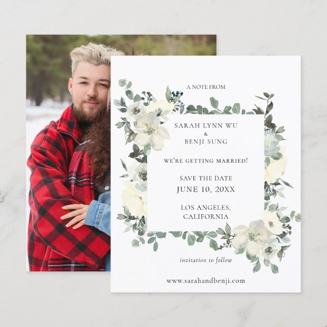 Budget D Blue & White Floral Save the Date Photo (Front/Back)