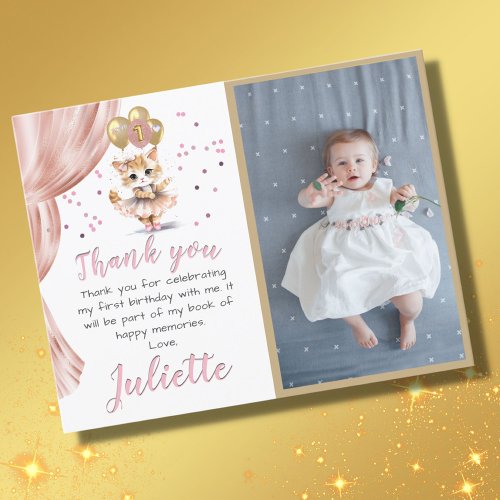 BUDGET Dancing Cat Photo First Birthday Girl  Thank You Card