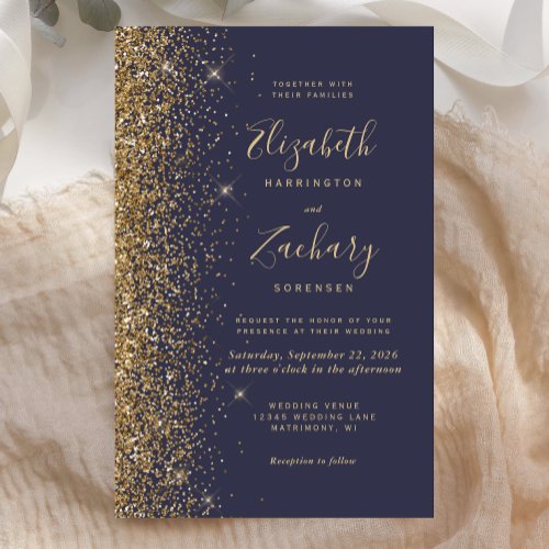Budget Dark Blue Gold Glitter Wedding Invitation
