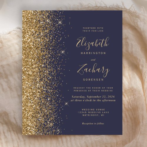 Budget Dark Blue Gold Glitter Wedding Invitation