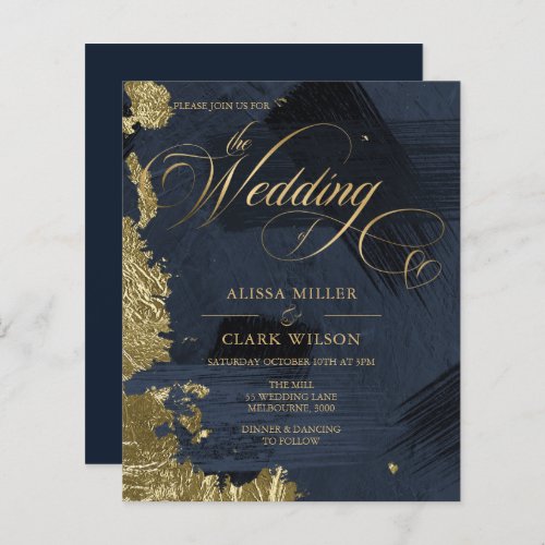 BUDGET Dark Blue Gold Painterly Wedding Invitatio