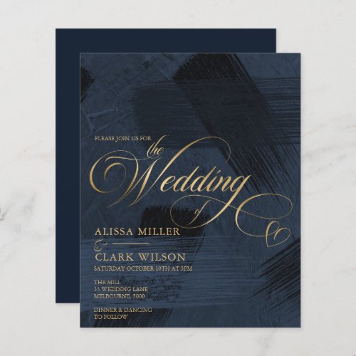 BUDGET Dark Blue Gold Painterly Wedding Invitatio