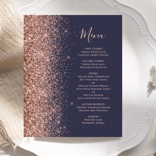 Budget Dark Blue Rose Gold Glitter Wedding Menu (Creator Uploaded)