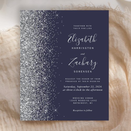 Budget Dark Blue Silver Glitter Wedding Invite