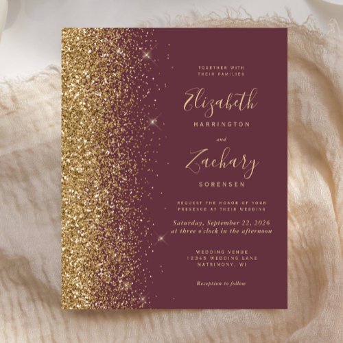 Budget Dark Burgundy Gold Glitter Wedding Invite