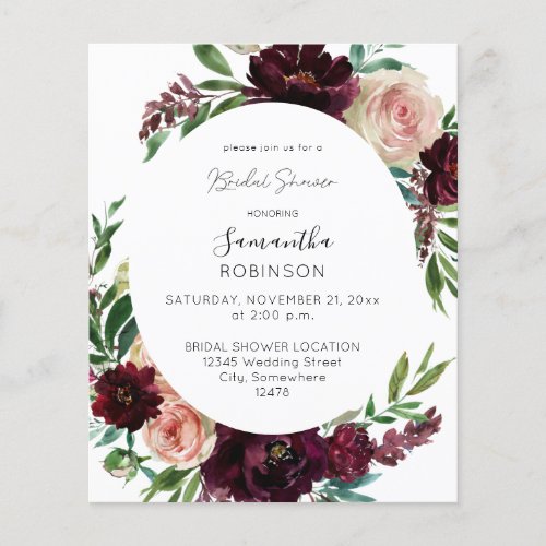 Budget Dark Burgundy  Pink Floral Bridal Shower Flyer