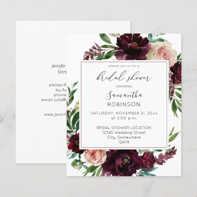 Budget Dark Burgundy & Pink Floral Bridal Shower S (Front/Back)