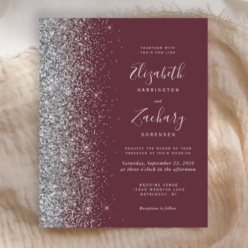 Budget Dark Burgundy Silver Glitter Wedding Invite