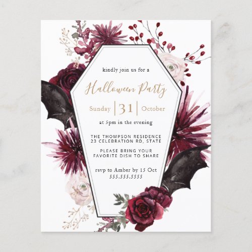 Budget Dark Floral Burgundy Halloween Party Invite