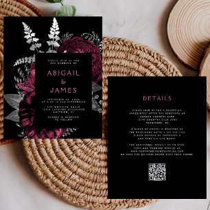 Budget Dark Floral Burgundy Silver QR Code Wedding