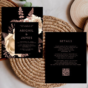 Budget Dark Floral Ivory Rose Gold QR Code Wedding