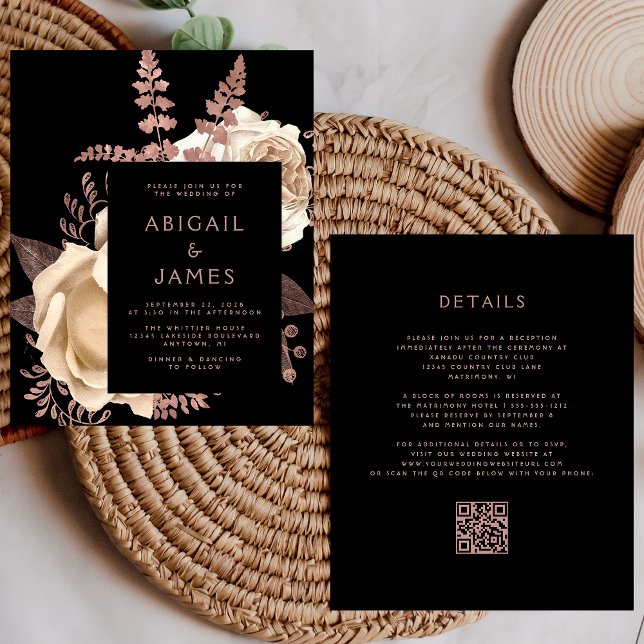 Budget Dark Floral Ivory Rose Gold QR Code Wedding (Creator Uploaded)