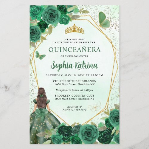 Budget Dark Green Floral Gold Princess Quinceaera