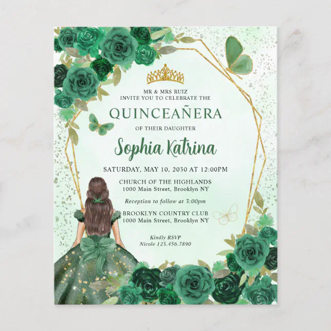 Budget Dark Green Gold Floral Princess Quinceañera | Zazzle