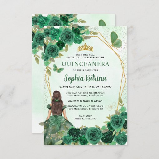 Budget Dark Green Gold Floral Princess Quinceañera Note Card | Zazzle
