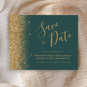 Budget Dark Green Gold Glitter Save the Date