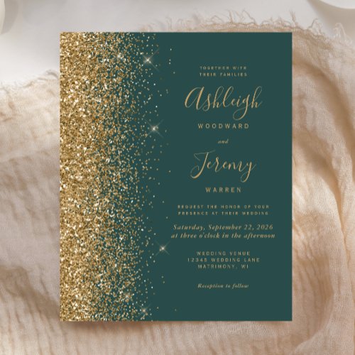 Budget Dark Green Gold Glitter Wedding Invitation