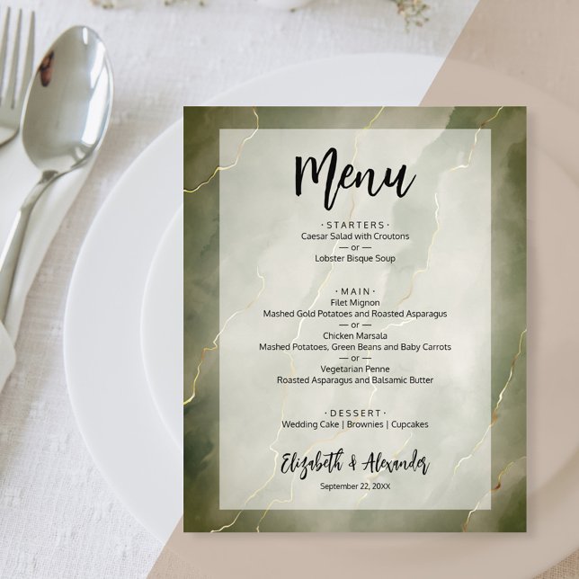 Budget Dark Green Gold Marble Wedding Menu Flyer (Creator Uploaded)