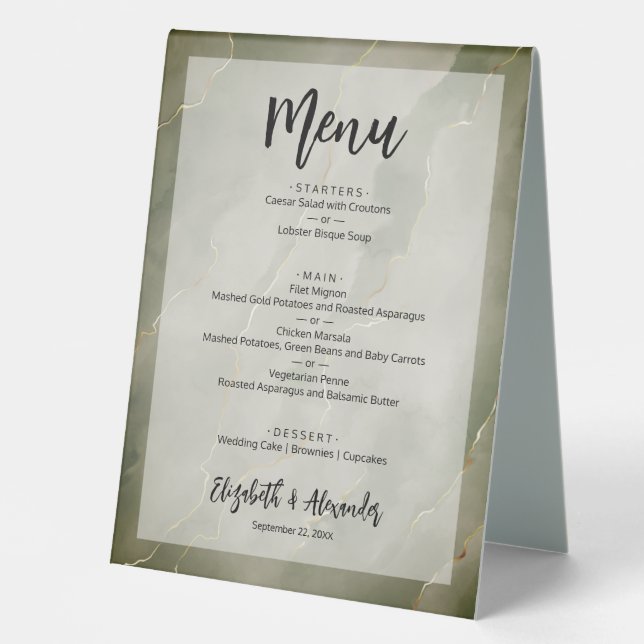 Budget Dark Green Gold Marble Wedding Menu Table Tent (Front)