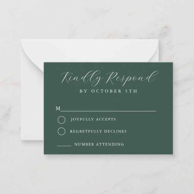 Budget Dark Green Minimalist Wedding RSVP Card (Front)