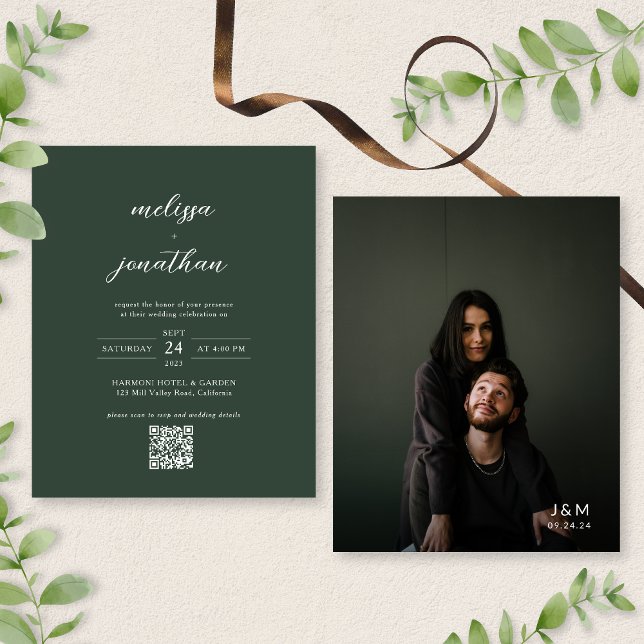 BUDGET Dark Green Photo Monogram QR Code Wedding (Creator Uploaded)