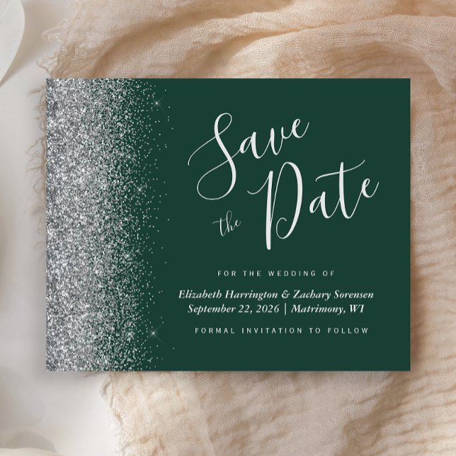 Budget Dark Green Silver Wedding Save the Date (Creator Uploaded)