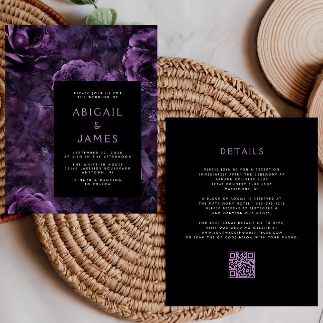 Budget Dark Moody Purple Floral QR Code Wedding (Creator Uploaded)