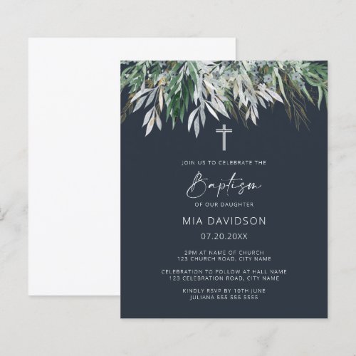 Budget Dark Navy Blue Green Leaves Baptism Invite