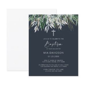Budget Dark Navy Blue Green Leaves Baptism Invite