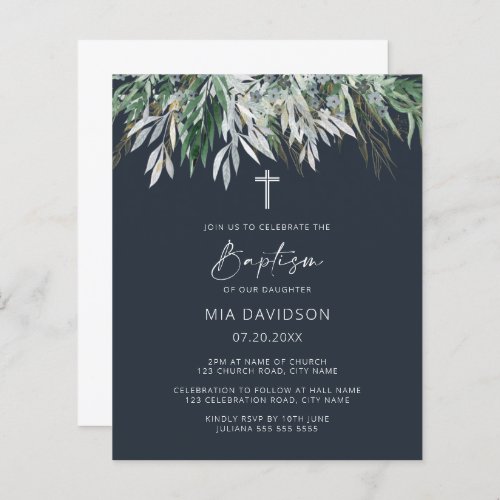 Budget Dark Navy Blue Green Leaves Baptism Invite