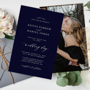 Budget dark navy white photo wedding invitation