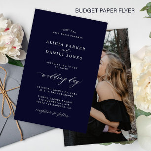 Budget dark navy white photo wedding invitation flyer