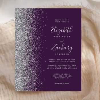 Budget Dark Purple Silver Glitter Wedding Invite by Wedding_Paper_Nest at Zazzle