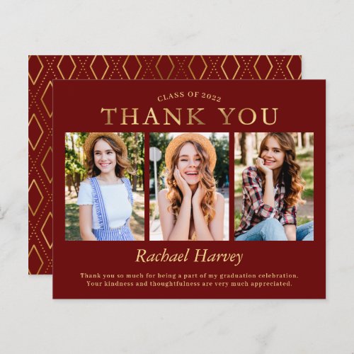 Budget Dark Red Gold 3 Photo Graduation Thank You