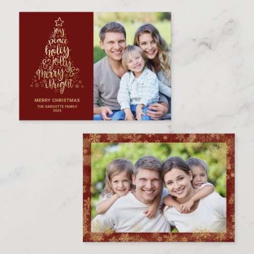 Budget Dark Red Gold Typography Tree Photo Holiday Note Card