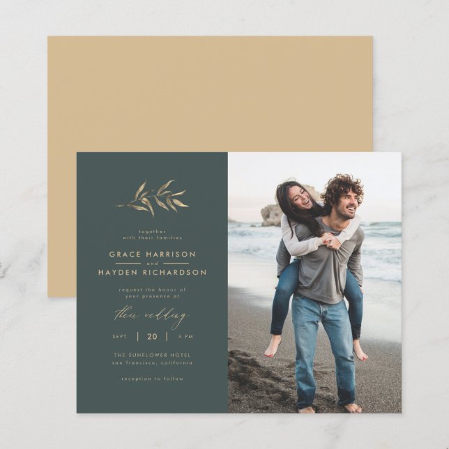 Budget Dark Teal & Branch Wedding Photo Invitation (Front/Back)