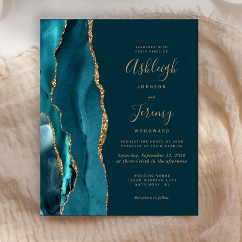 Budget Dark Teal Gold Agate Wedding Invitation