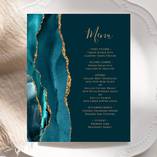 Budget Dark Teal Gold Agate Wedding Menu