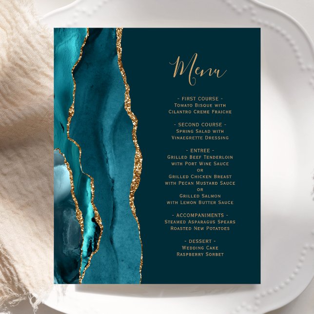 Budget Dark Teal Gold Agate Wedding Menu (Creator Uploaded)